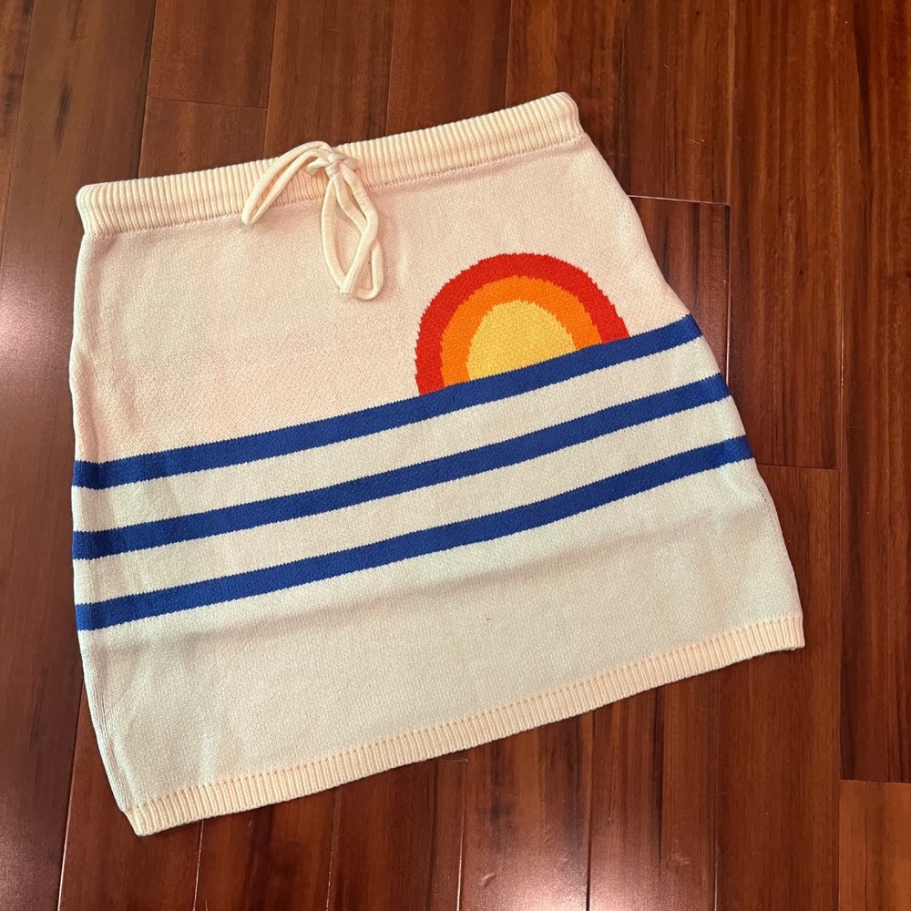 Sunset Knit Mini Skirt Cream Blue Striped Drawstring Beach Retro Women Large